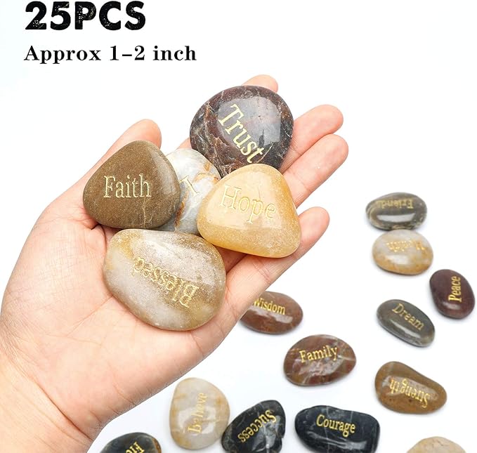 BigOtters Rocks with Inspirational Words, 25 Different Words Encouragement Gratitude Rocks for Meditation Birthday Graduation Gift