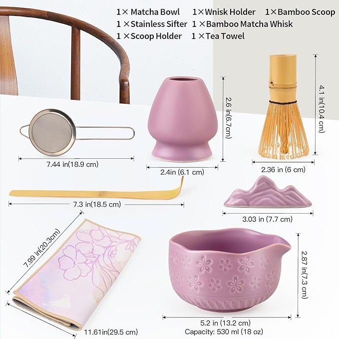 APLSTOW Matcha Whisk Set - Traditional Japanese Handmade Bamboo Matcha Whisk and Holder, Matcha Bowl,Bamboo Scoop, Scoop Rest, Sifter and Tea Towel (Purple)