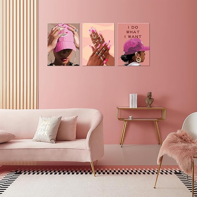Black Girl Canvas Wall Art pink trend American Black Woman Posters Prints Wall Decor Pictures for Home Living Room Bedroom study Decoration,Framed12 x 16inches X3piece
