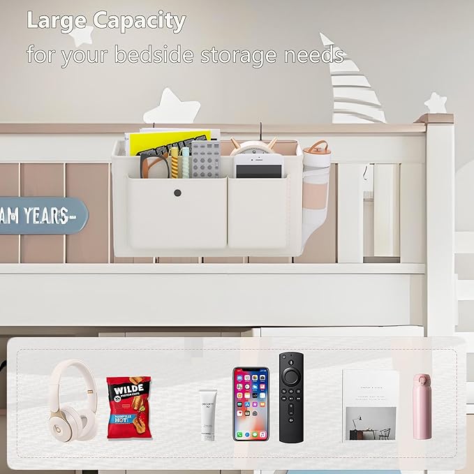 Bedside Caddy Bedside Organizer with Fixed Straps & Water Bottle Holder, Bunk Bed Caddy ideal for Home, Dorm, Hospital, Crib, Versatile Bedside Storage Solution (White)