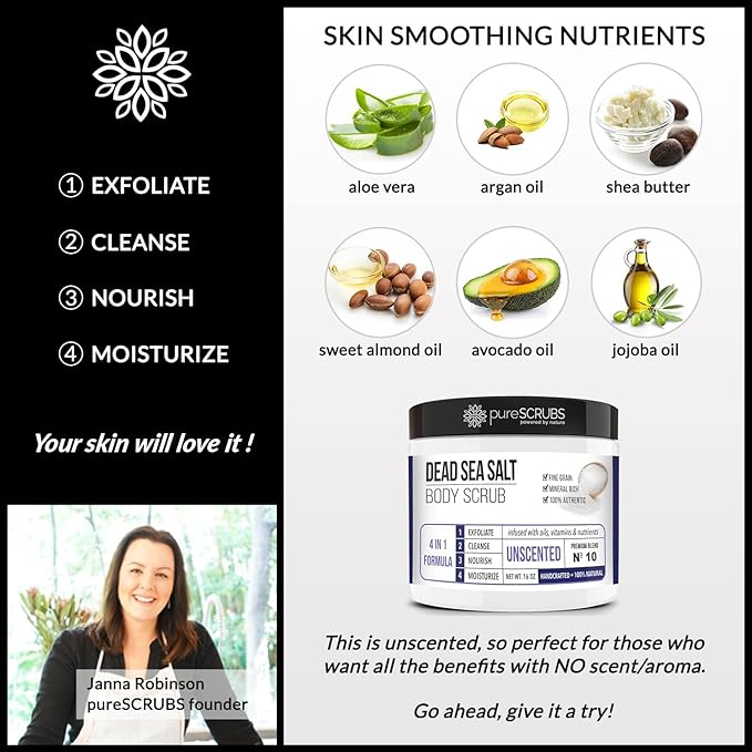 pureSCRUBS Premium Unscented Body Scrub Set - Large 16oz Dead Sea Salt Body Scrub With Infused Essential Oils & Nutrients, Includes Wooden Spoon, Loofah & Oatmeal Exfoliating Bar Soap