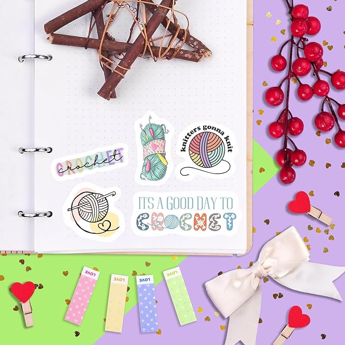 BulbaCraft 100Pcs Crochet Stickers and Knitting Stickers for Water Bottle and Laptop - Waterproof Vinyl Yarn Decals Laptop Decals, Gifts for Women & Men