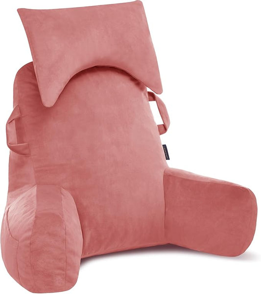 Portable Reading Pillows with Headrest for Bed Sitting Up(Dark Pink Oeko-Tex), Velvet Back Pillow with Arms & Pockets for Adults, Support Memory Foam Bed Pillow for Dorm/Watching/Gaming