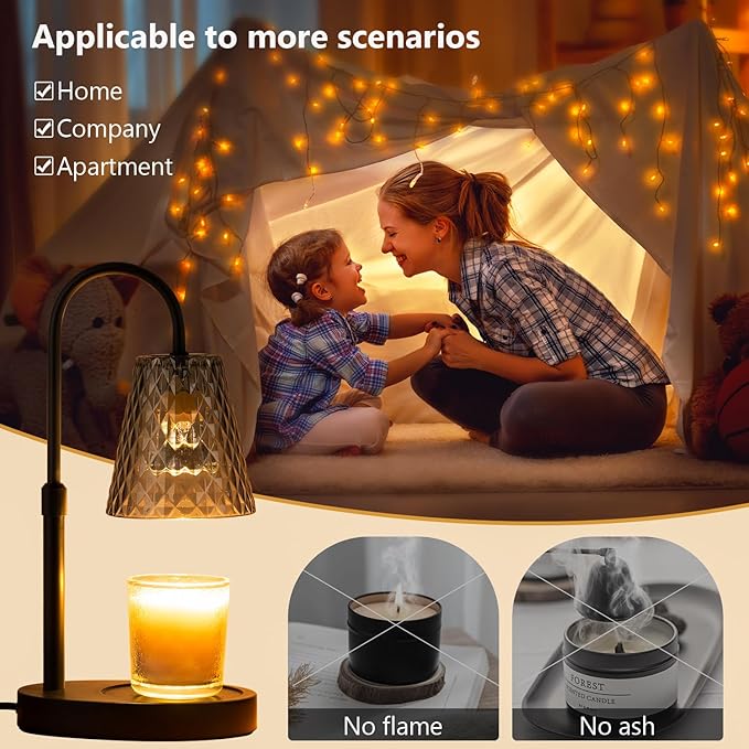 Candle Warmer Lamp with Timer: Electric Candles Warmers Adjustable Height Dimmable - Large Wax Candle Warmers Lamps Scented Flower Light - Home Decor Vintage Wood Base Shade Heat Modern Style Grey