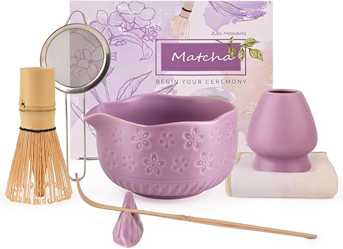 APLSTOW Matcha Whisk Set - Traditional Japanese Handmade Bamboo Matcha Whisk and Holder, Matcha Bowl,Bamboo Scoop, Scoop Rest, Sifter and Tea Towel (Purple)