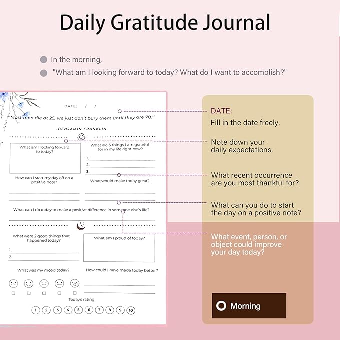 Gratitude Journal, Daily Reflection Journal for More Happiness, Mindfulness & Affirmation, Self Care Journals for Women & Men, 6 Inspirational Stickers and Ballpoint Pen, Pink