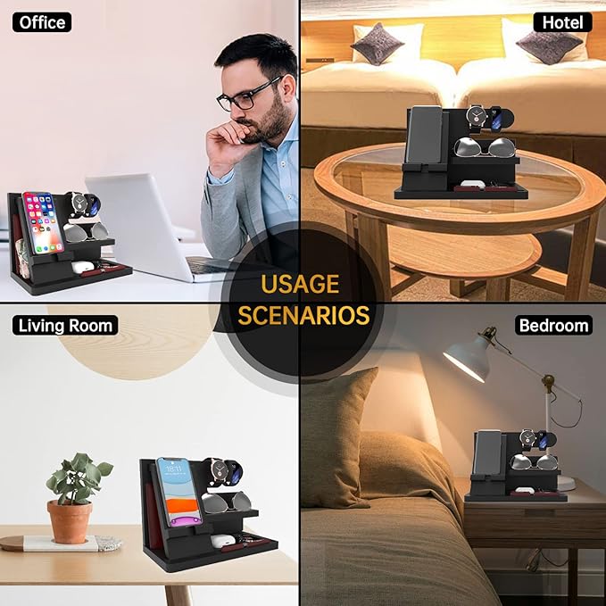 Gifts for Men Desk Organizer Wooden Phone Docking Station Key Wallet Holder Watch Organizer Men Birthday Gifts for Dad Birthday Gift Nightstand Organizer