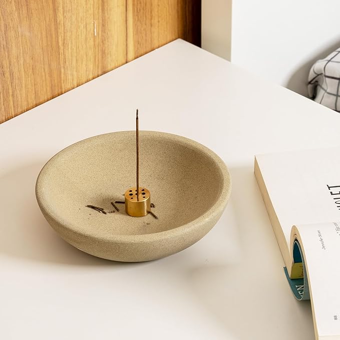 Koville Natural Marble Incense Holder, Incense Holder for Sticks with 9 Holes, Handmade Incense Burner Ash Catcher for Meditation Yoga SPA, Balsam Fir/Palo Santo/Sage/Cone (Sandstone-Brown)