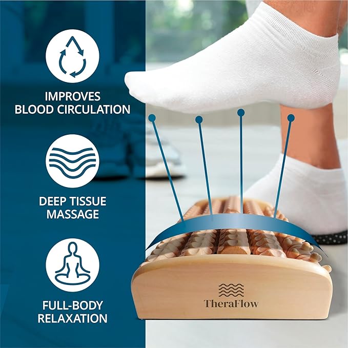 TheraFlow Wooden Foot Massager for Neuropathy, Heel Pain and Targeted Plantar Fasciitis Relief | Deep Tissue and Feet Massage for Relaxation | Reflexology Tool for Planters Facetious Relief