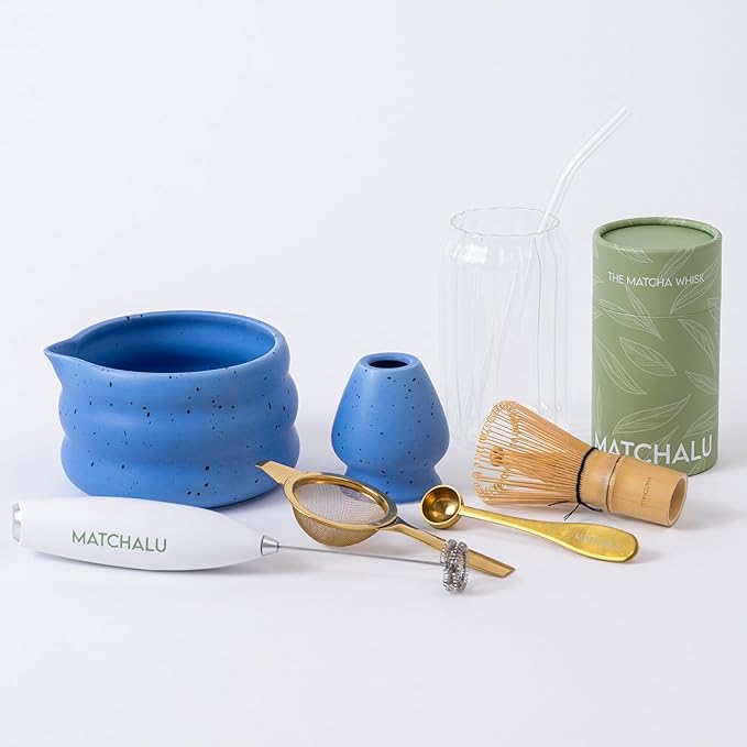 Matcha Whisk Set With Ceramic Matcha Bowl, Bamboo Whisk & Holder, Stainless Steel Spoon & Sifter, Glass Cup & Straw, Electric Frother, Storage Bag - Gift for Matcha Lovers (Premium 9-Piece Set Blue)
