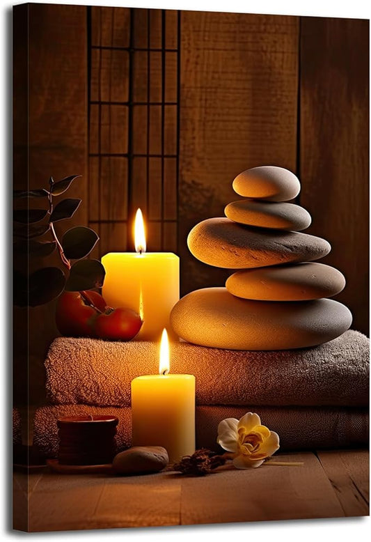 GLOKAKA Zen Spa Wall Art Meditation Room Wall Decor Massage Stones with Atmospheric Candles Relax/Calm Canvas Print Artwork for Living Room, Bedroom, Bathroom Decor