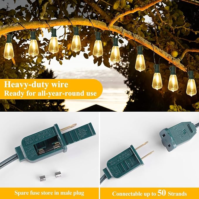 Brightever LED Outdoor String Lights 100FT with 52 Shatterproof ST38 Vintage Edison Bulbs, Outside Hanging Lights Waterproof for Patio, Porch, Deck, Garden, Backyard, Balcony, Green Wire