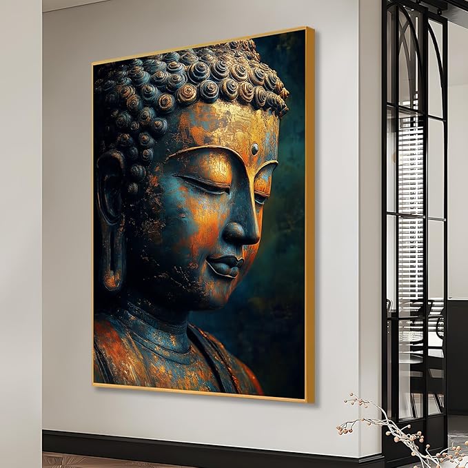 Buddha Statue Canvas Art, Zen Meditation Décor, Framed Print for Bedroom, Yoga Room, and Living Room (Black Framed, 24"x36"|62x92cm)