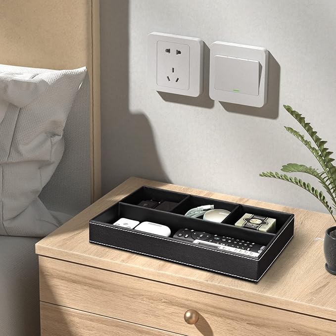 GORESE 2 Pieces Faux Leather Valet Tray for Men, Stackable Jewelry Organizer for Drawers, Nightstand Caddy Tray for Key, Wallet, Sunglass, Watch, Coin, Phone, Bedside Desk-top Storage Black