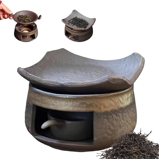 Ceramic Tea Stove Warmer Set – Handmade Candle Wax Melt Warmer with Tealight Holder, Cedar and Zen Aromatherapy Burner for Home, Office, Meditation Spaces (B)