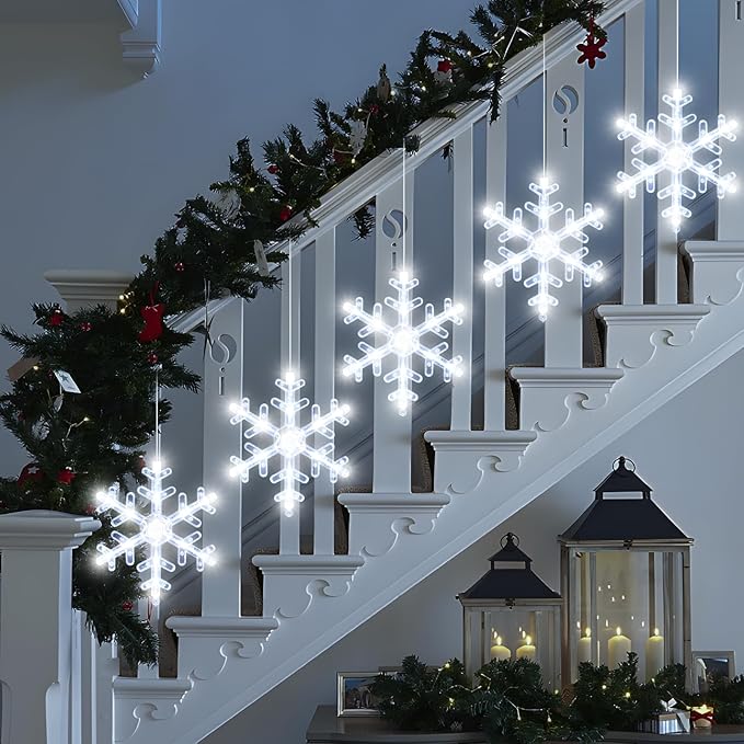 5Pack Christmas Window Lights Decorations with Timer,Battery Powered Christmas Hanging White Lighted Snowflake Shaped LED Sucker for Xmas Tree Fireplace Indoor Decor