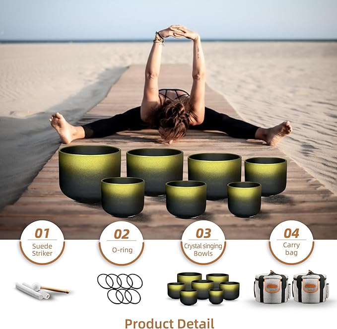 Ryan Dvan Crystal Singing Bowl Set 7-12 Inch, Black with Gold Frosted Quartz Sound Therapy Bowls with Mallets, O-Rings & 2 Carrying Cases — Chakra Healing, Reiki, Yoga, Meditation, Energy Balancing