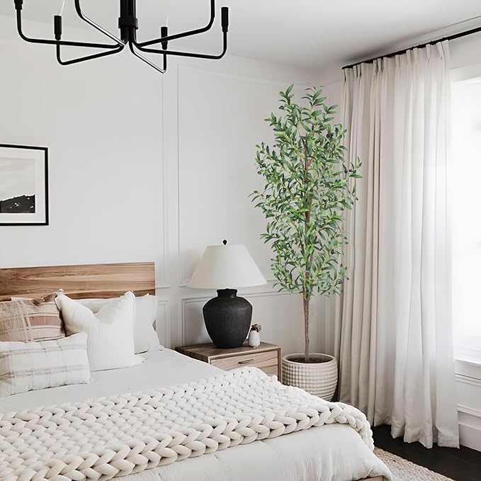 Artificial Olive Tree, 7FT Tall Faux Olive Trees 84in Outdoor Fake Potted Silk Plant with Trunk and Realistic 1048 Leaves and 40 Fruits for Modern Office Home Decor Indoor（1pack）