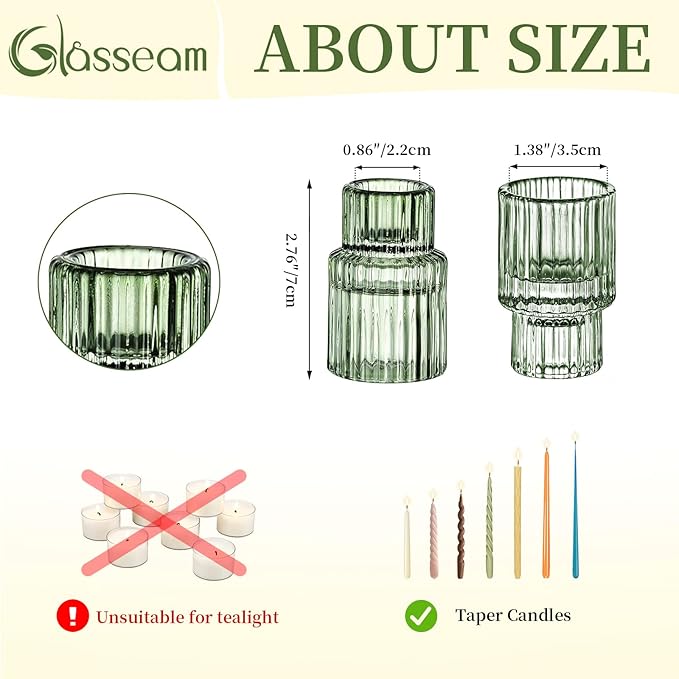 Glass Candle Sticks Holder Decor: Crystal Green Glass Candle Holder Set of 10 Modern Taper Candle Holders for Table Centerpiece Ribbed Tapered Candlestick Holders for Dining Room Decoration Valentines