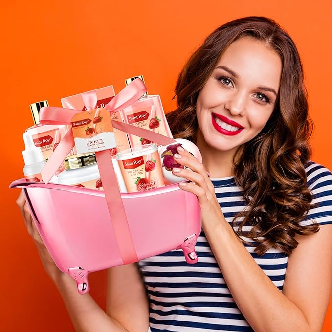 Spa Kit for Women, Bath & Body Gift Set, Luxury Home Spa Bath Gift Basket, Strawberry Scented Bath Set Christmas Gifts for Women with Shea Butter Lotion, Pamper Gifts for Girls & Teens, Birthday Gift