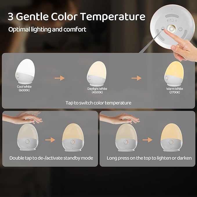 Touch Egg Night Light for Baby Nursery, Rechargeable Portable Kids Nightlight Lamp with 1-6H Feeding Timer, 3 Color Temperatures Dimmable, Ideal for New Moms of Toddlers