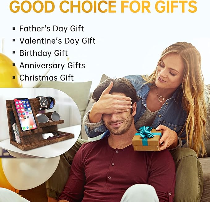 Birthday Gifts for Men Wooden Phone Docking Station Organizer Dad Birthday Nightstand Organizer Desk Wood Gifts Valentines Day Gifts