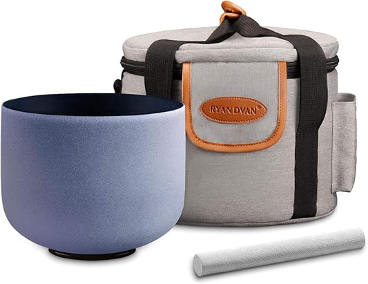 RYAN DVAN 8” A Note Indigo Frosted Third Eye Chakra Crystal Singing Bowl with Free Heavy-Duty Carrying Case and Suede Striker O-Ring