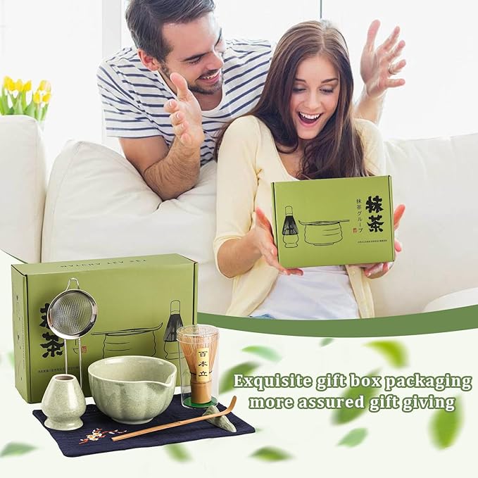 Matcha Set, 7 Pcs Mottled Green Matcha Whisk Set - Include Ceramic Petal Matcha Bowl with Spout, Bamboo Whisk, Chasen Holder, Sifter, Scoop, Tea Towel, Scoop Rest - Matcha Making Kit for Tea Lover