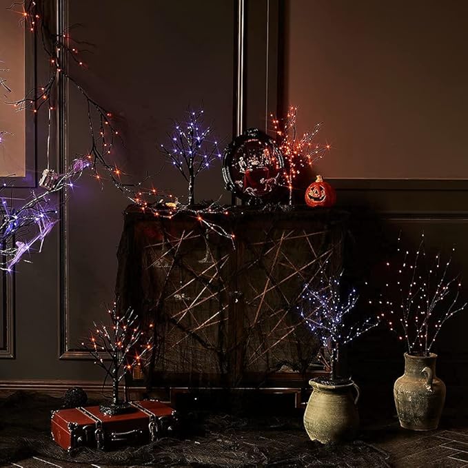 Hairui Lighted Halloween Garland with 48L Orange and Purple Bi-Color LED Lights 8 Functions, Black Glittered Garland Lights Battery Operated 6FT for Indoor Outdoor Halloween Party Decoration