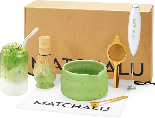Matcha Whisk Set With Ceramic Matcha Bowl, Bamboo Whisk & Holder, Stainless Steel Spoon & Sifter, Glass Cup & Straw, Electric Frother, Storage Bag - Gift for Matcha Lovers (Premium 9-Piece Set Green)