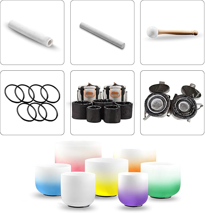 Ryan Dvan 432Hz 7"-12" Set of 7 Crystal Singing Bowl Set – Gradient Color Quartz Bowls for Chakra Healing, Meditation, Sound Bath & Yoga.Sound Therapy Tools with Suede Mallets & O-Rings.