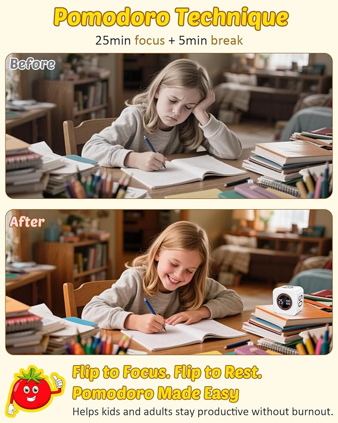 Pomodoro Timer Cube Visual Productivity Flip Timer for Kids Classroom Desk, 5/10/25/50min& Custom Countdown, Silent&Sound Mode Digital Cube for ADHD Study Work School Game Kitchen (White)