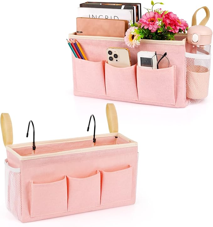 Bedside Caddy Bedside Organizer Bedside Storage Caddy with Fixed Straps and Water Bottle Holder for Home College Dorm Bunk Bed Hospital Bed Crib Bed Rails (2pcs Pink)