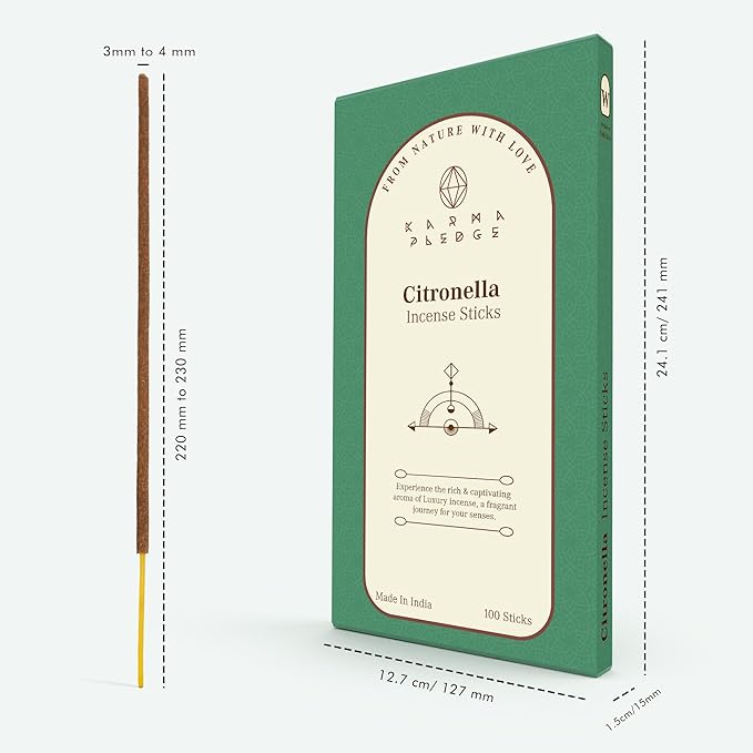 Citronella Incense Sticks, Organic Hand Dipped 100 Sticks with Natural Herbs & Aromatic Ingredients, Burn Time 45 to 60 Minutes, Incense for Positivity, Yoga, Meditation, Relaxation, Spiritual Gift