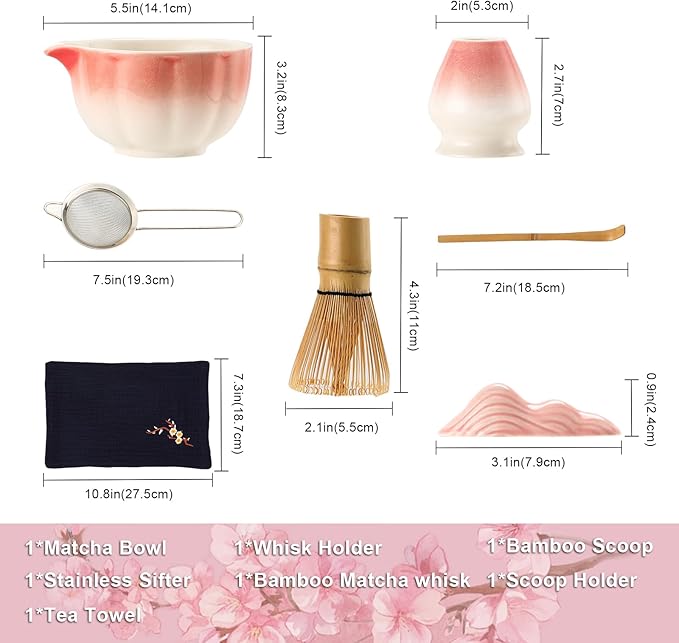 Matcha Whisk Set, 7-Pack Peach Pink Matcha Set - Include Ceramic Petal Matcha Bowl with Spout, Bamboo Whisk, Chasen Holder, Sifter, Scoop, Tea Towel, Scoop Rest - Matcha Making Kit for Tea Lover