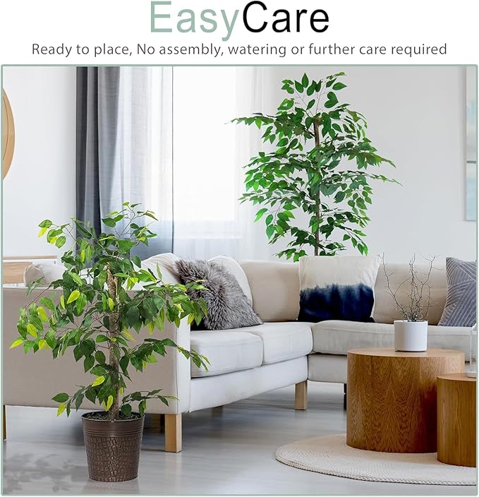 Artificial Ficus Trees in Copper Metal Pots, Set of 2 - Real Wood Trunk, Preassembled, No Maintenance Indoor Faux Plant - Living Room & Home Decor (4ft & 6ft)