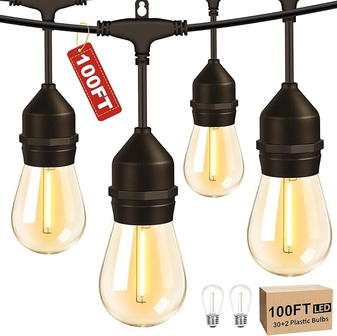 100FT LED Outdoor String Lights with 30+2 Shatterproof Bulbs, IP65 Waterproof, Commercial Grade Patio String Lights for Outside Porch Backyard Garden Deck Decor, 2700K Dimmable