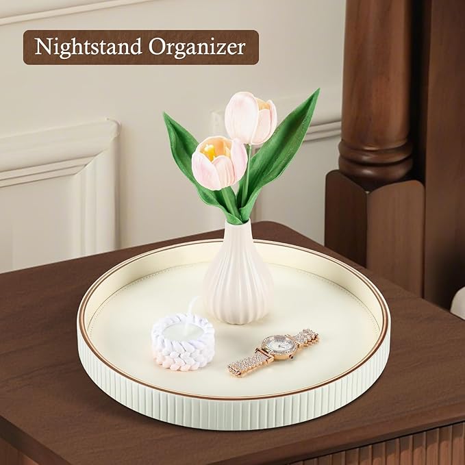 GORESE Round Decorative Serving Tray for Coffee Table Decor, 12" PU Leather Table Centerpiece Home Decor, Valet Tray for Trinket Jewelry Perfume Key, Ottoman Tray Nightstand Organizer, Cream White