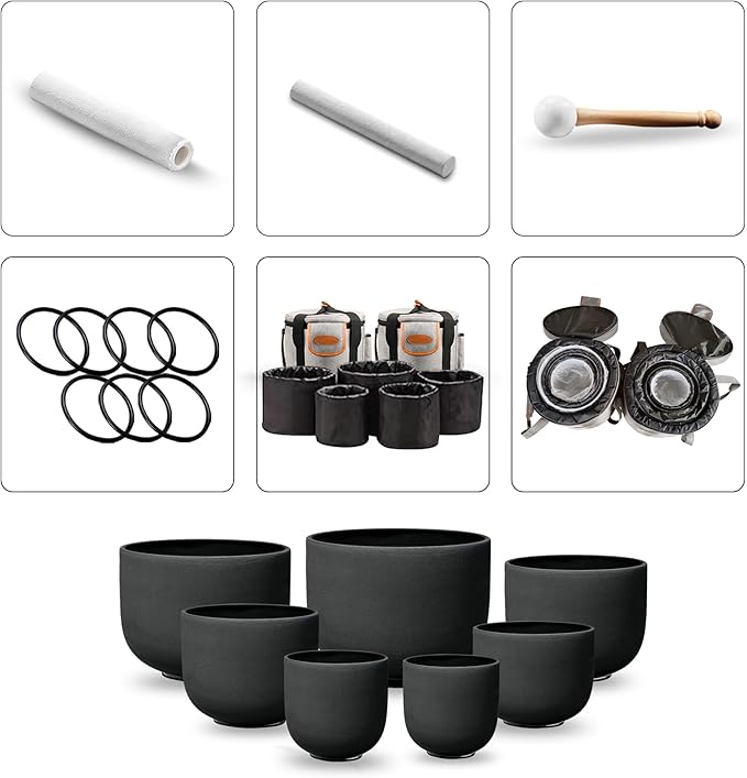 Ryan Dvan 7-12 Inch Black 7 Crystal Singing Bowl Set Frosted Quartz Crystal Sound Therapy Kit with Mallets 2 Cases O-Ring for Yoga Meditation Energy Balancing Reiki Healing