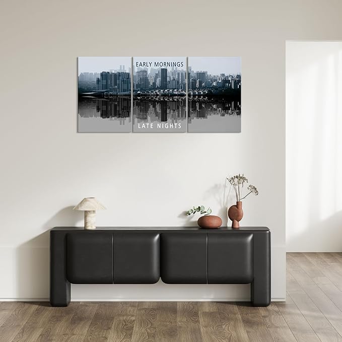 KAWAHONE Inspirational Wall Art -Motivational Quote Black and White Wall Art-City Night Scenes Modern Cityscape Building Artwork Decor for Home Office Bathroom Bedroom Kitchen Classroom Gym