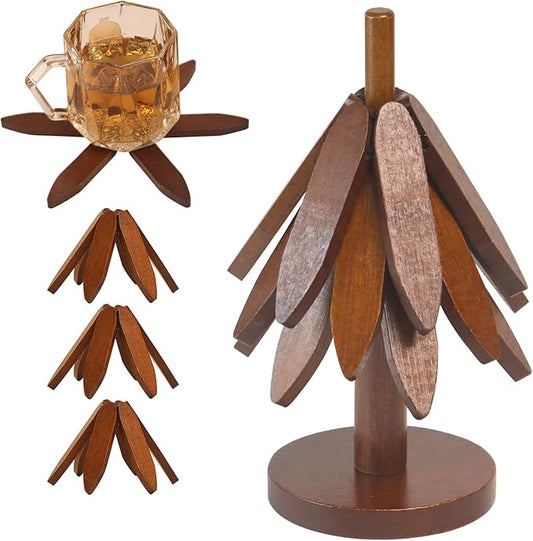 Tree Shape Bamboo Trivet Kitchen Decor Tree Shaped Holder Beech Wood Foldable Design Hot Dishes, Pot, Teapot, Plates, Bowls (Walnut-3)