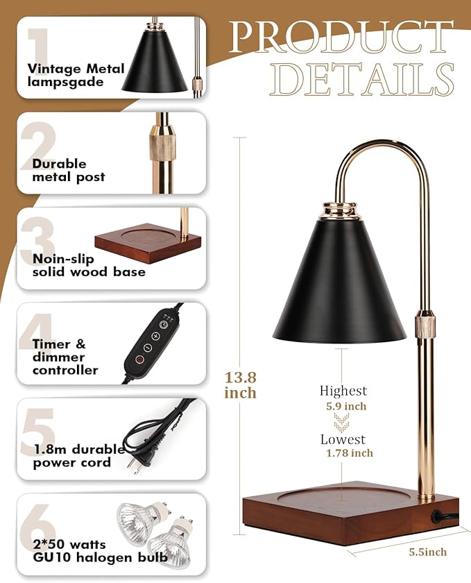 Candle Warmer Lamp with Timer Dimmable, Christmas Birthday Gifts for Women Mom, Candle Warming Lamp for Home Decor, Black Wax Melt Warmer for Jar Scented Candles with 2 Bulbs