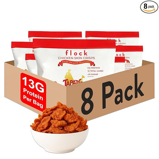 Flock Keto Chicken Skin Chips – Tapatio Flavor, Low Carb, High Protein, Gluten-Free Chicken Crisps, Keto Snack, Low Carb Chips, Protein Crackers, Diet Snacks, 8-Pack (1oz)