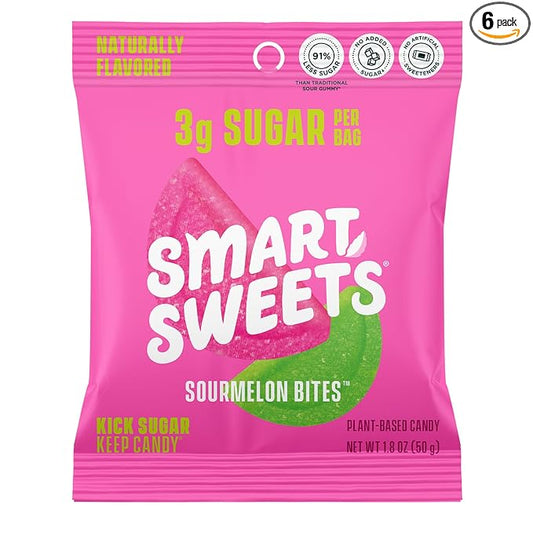 SmartSweets Sourmelon bites, Low Sugar Gummy Candy (3g), Low Calorie (130), Gluten-Free -1.8oz (Pack of 6) Packaging may vary