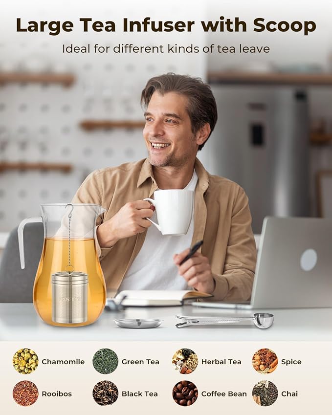 House Again Large Tea Infuser, Extra Fine Mesh Tea Strainers for Loose Tea, 18/8 Stainless Steel Tea Strainer with Extended Chain Hook, Tea Steeper for Brew Tea, Spices & Seasonings, for Multi Cups
