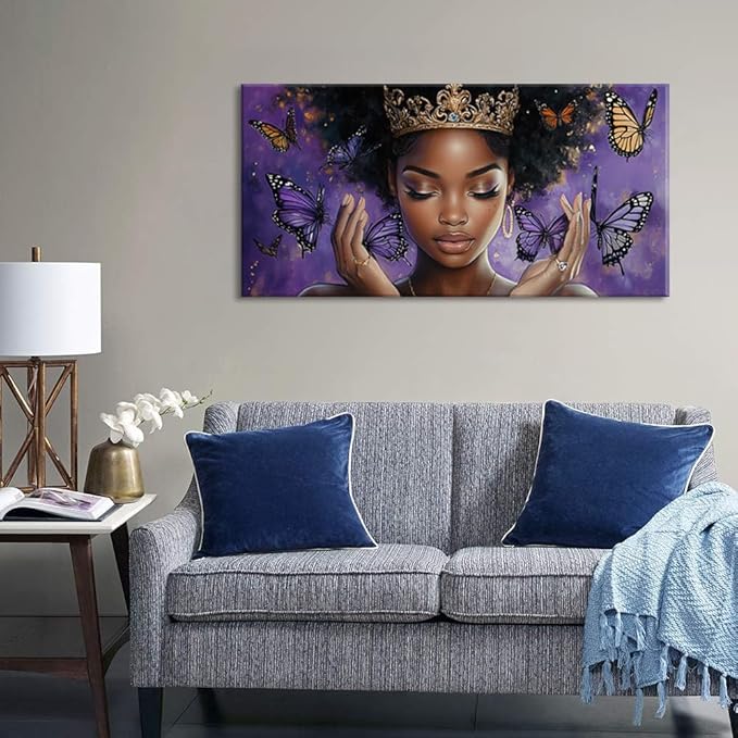 ZESTRILIA African American Wall Art for Girls Room Purple Black Butterfly Canvas Painting Prints Artwork Living Bedroom Office Decor Extra Large (58x28 Inches)