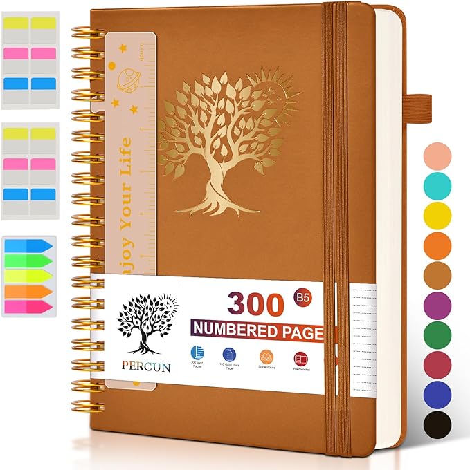 Large Spiral Notebook Journal for Women Men - 300 Numbered Lined Pages, College Ruled,B5 Hardcover Spiral Bound Notebook for School, Work, Note Taking, Writing, Leather Spiral Journal 7"x10"