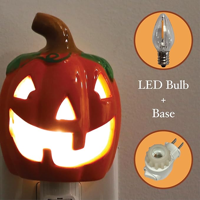 Milltown Merchants Ceramic Pumpkin Night Light - Plugin Night Light with Lights - Mini Christmas Tree Decorative Light