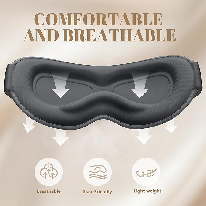 Sleep Mask for Men Women - 100% Blackout Eye Masks for Sleep, Zero Pressure 3D Sleeping Mask, Adjustable Light Blocking Eye Cover Blindfold for Travel, Nap, Night Work, Office - Gray