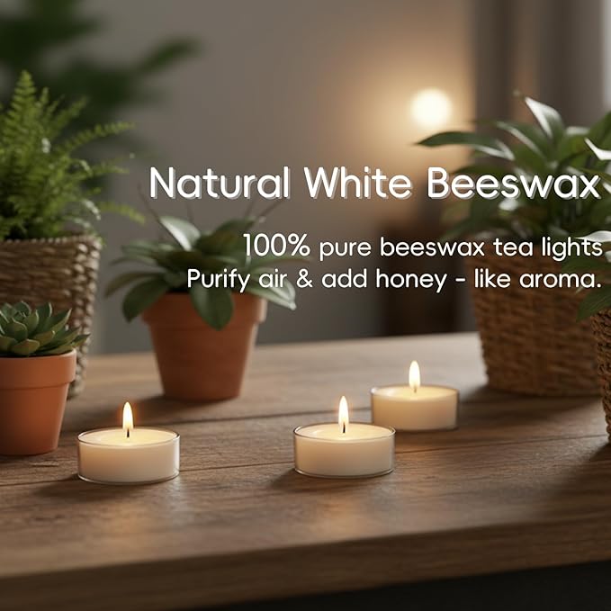 Natural Beeswax Tealight Candles White, 16 Packs, Pure Beeswax Tea Candles in Clear Cup, Organic Ivory Small Tea Light Candles with 4 Hours Clean Burn Time, Soy, Paraffin, & Fragrance Free